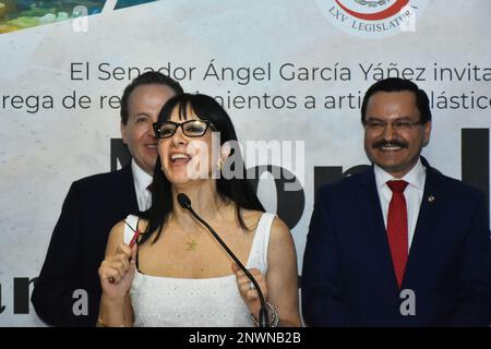 Mexico City, Mexico. 28th Feb, 2023. Artist Haidy Wittmann speaks during the opening of the exhibition Morelos: Art, Land and Freedom in the Motor lobby of the Senate of Mexico Republic. on February 28, 2023 in Mexico City, Mexico. (Credit Image: © Carlos Tischler/eyepix via ZUMA Press Wire) EDITORIAL USAGE ONLY! Not for Commercial USAGE! Stock Photo