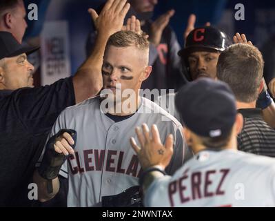 Cleveland Indians Francisco Lindor and Brandon Guyer celebrate after  winning 6-5 against the New …