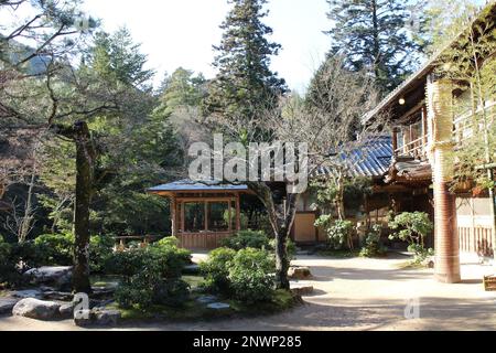 The garden of a traditional Japanese hotel in Miyajima, Hiroshima, Japan Stock Photo