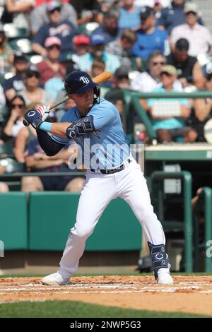 ST. PETERSBURG, FL - FEBRUARY 28: Tampa Bay Rays Shortstop Wander Franco  (5) throws the ball over to first base during the MLB Spring Training game  between the New York Yankees and