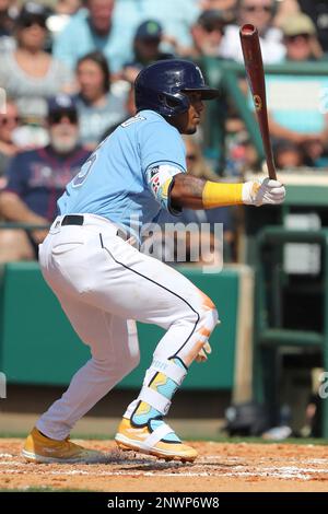 ST. PETERSBURG, FL - APRIL 09: Tampa Bay Rays Shortstop Wander Franco (5)  at bat during the MLB regular season game between the Oakland Athletics and  the Tampa Bay Rays on April