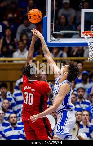 February 28, 2023: North Carolina State Wolfpack guard Jack Clark (5)  shoots over Duke Blue Devils center Kyle Filipowski (30) during the second  half of the ACC basketball matchup at Cameron Indoor