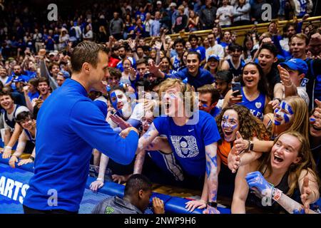 February 28, 2023: Duke Blue Devils guard Jeremy Roach (3) shots against North  Carolina State Wolfpack guard Jack Clark (5) during the second half of the  ACC basketball matchup at Cameron Indoor