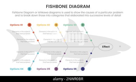 fishbone diagram fish shaped infographic with small circle dot connection information with fish shape background concept for slide presentation vector Stock Photo