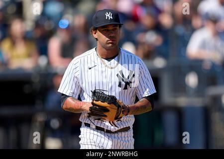 New York Yankees pitcher Deivi Garcia (83) during a spring training  baseball game against the Atlanta Braves on February 26, 2023 at George M.  Steinbrenner Field in Tampa, Florida. (Mike Janes/Four Seam