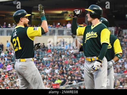 MINNEAPOLIS, MN - AUGUST 25: Oakland Athletics Outfield Ramon Laureano (22)  looks on before a MLB game between the Minnesota Twins and Oakland  Athletics on August 25, 2018 at Target Field in