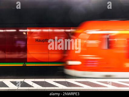 Main station with S-Bahn train entering, motion blur, Stuttgart, Baden-Wuerttemberg, Germany Stock Photo