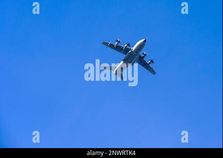 Airbus A400M, military transport aircraft against a blue sky, Allgaeu, Bavaria, Germany Stock Photo