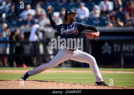 Atlanta Braves pitcher Roddery Munoz (69) during a spring training baseball  game against the New York Yankees on February 26, 2023 at George M.  Steinbrenner Field in Tampa, Florida. (Mike Janes/Four Seam