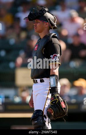 Pittsburgh Pirates Endy Rodriguez (25) bats during a spring training  baseball game against the Philadelphia Phillies on February 27, 2023 at  LECOM Park in Bradenton, Florida. (Mike Janes/Four Seam Images via AP