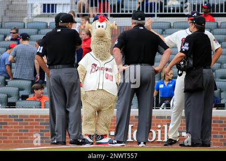 Atlanta, GA. USA; Atlanta Braves mascot, Blooper, entertains the fans  during a major league baseball game against the Colorado Rockies, Tuesday,  Augu Stock Photo - Alamy