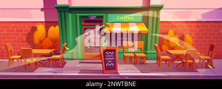 Coffee shop exterior in autumn. Vector cartoon illustration of city cafe with large window and wooden door, chairs and tables on street, discount announcement on sidewalk, yellow foliage flying in air Stock Vector