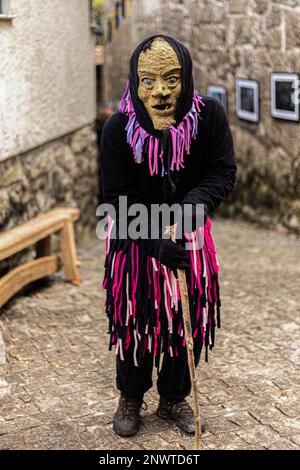 Montalegre, Portugal. 19th Feb, 2023. Portrait of a Careto of Misarela in Vila Nova village, Montalegre. Entrudo da Misarela is a socio-cultural dynamization project that aims to bring the two banks of Rabagão closer together, around the same idea: to recreate Entrudo as a celebration of the 'entrance' of Spring. The event happens in the Misarela bridge, a bridge that was built in the middle ages, located in Montalegre in the North East of Portugal. Credit: SOPA Images Limited/Alamy Live News Stock Photo