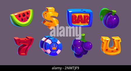 Icons for casino game, gambling slot machine with symbols of money, bar, fruits, seven and horseshoe. Golden dollar sign, number 7, casino chips with crown, vector cartoon set Stock Vector