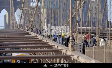 Famous Brooklyn Bridge in New York - NEW YORK CITY, USA - FEBRUARY 14, 2023 Stock Photo