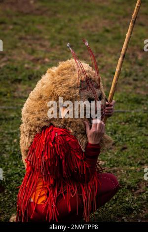 Montalegre, Misarela, Portugal. 19th Feb, 2023. The devil is a mythical and legendary figure of Misarela Entrudo. He makes the bridge his habitat and he colects souls with the trident on his hands. Entrudo da Misarela is a socio-cultural dynamization project that aims to bring the two banks of RabagÃ£o closer together, around the same idea: to recreate Entrudo as a celebration of the 'entrance' of Spring. The event happens in the Misarela bridge, a bridge that was built in the middle ages, located in Montalegre in the North East of Portugal. (Credit Image: © Telmo Pinto/SOPA Images via ZUMA Stock Photo