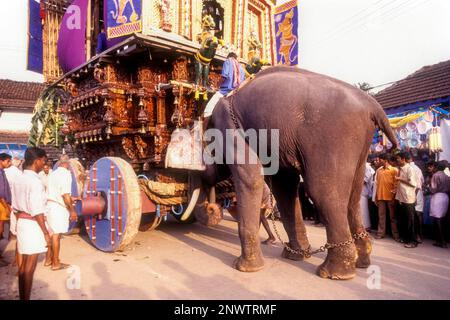 Elephant pushing the chariot in Radhotsavam or temple chariot festival in Kalpathy near Palakkad, Kerala, India, Asia Stock Photo