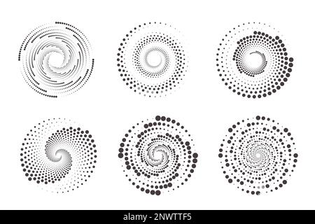 Dotted circles pattern. Abstract half tone graphic set. Circular textured round spiral frames. Vector swirl geometric rings with gradation. Stock Vector