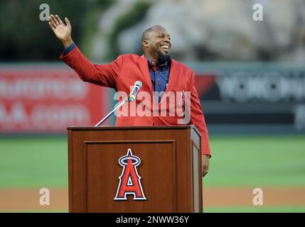 ANAHEIM, CA - AUGUST 10: Former Los Angeles Angels outfielder Vladimir  Guerrero gives a speech as he