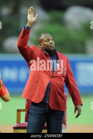 ANAHEIM, CA - AUGUST 10: Former Los Angeles Angels outfielder Vladimir  Guerrero gives a speech as he