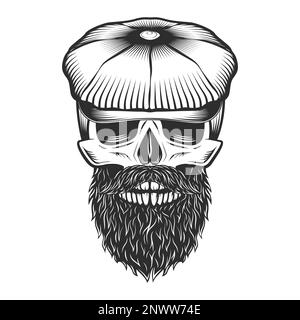 Skull with beard and mustache in the tweed hat flat cap vector vintage illustration Stock Vector