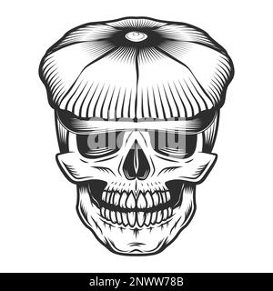 Skull in the tweed hat flat cap vector vintage illustration Stock Vector