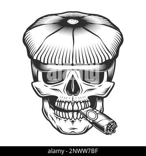 Skull smoking cigar or cigarette in the tweed hat flat cap vector vintage illustration Stock Vector