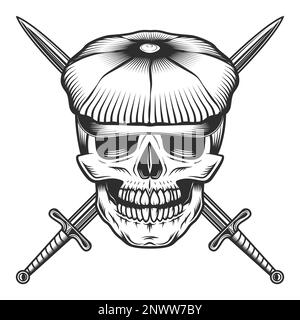 Skull in the tweed hat flat cap with knight sword vintage vector illustration Stock Vector