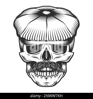 Skull with mustache in the tweed hat flat cap vector vintage illustration Stock Vector