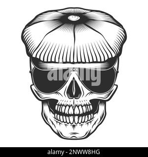 Skull in the tweed hat flat cap with sunglasses vintage vector illustration Stock Vector