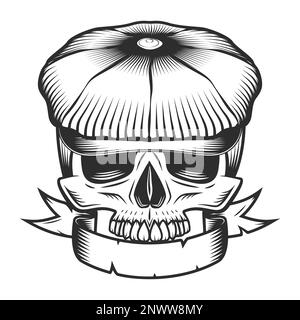 Skull in the tweed hat flat cap with ribbon vintage vector illustration Stock Vector