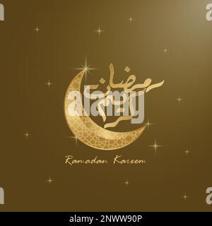 Ramadan Kareem greeting, islamic symbol crescent with arabic pattern - line calligraphy and lantern,background modern illustration Stock Vector