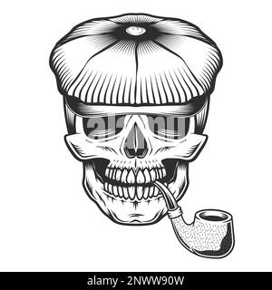 Skull with smoking pipe in the tweed hat flat cap vector vintage illustration Stock Vector