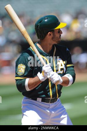 Oakland Athletics mascot Stomper waves the team banner on the field after  defeating the Clevela …