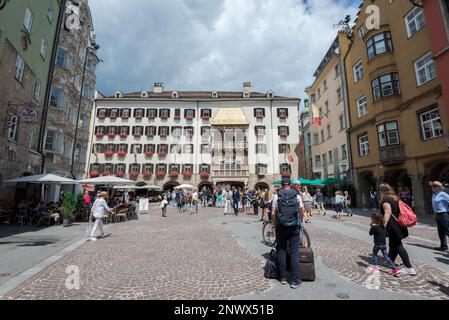 INNSBRUCK, AUSTRIA – JULY 30, 2022: The Golden Roof, Goldenes Dachl in German, a landmark structure located in the Old Town of Innsbruck, which the we Stock Photo