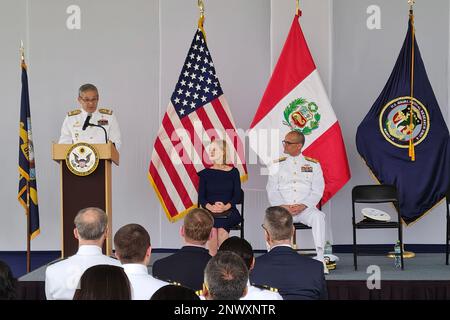 LIMA, Peru (Jan. 19, 2023) Rear Adm. Jorge Enrique Andaluz Echevarría, surgeon general of the Peruvian Navy, provides remarks at the 40th anniversary celebration for Naval Medical Research Unit (NAMRU)-6 at the U.S. Embassy Campus. NAMRU-6 hosted several visitors and guests from the U.S. and Peru at the event, to include U.S. Ambassador to Peru Lisa Kenna, Rear Adm. Guido F. Valdes, commander, Naval Medical Forces Pacific and Capt. William Denniston, commander, Naval Medical Research Center. NAMRU-6, part of the Naval Medical Research & Development enterprise, supports Global Health Engagement Stock Photo