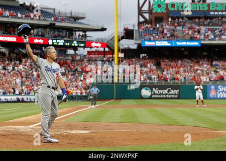 July 23, 2018: Los Angeles Dodgers second baseman Chase Utley (26) looks on  with his bat as he gets ready during the MLB game between the Los Angeles  Dodgers and Philadelphia Phillies