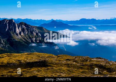 Aerial view on Eisack Valley and the main range of the alps north of the Dolomites, seen from Passo del Groste. Stock Photo