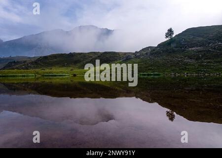 The main range of Brenta Dolomites, partially shrouded in clouds, reflected in the small lake Lago Spinale. Stock Photo