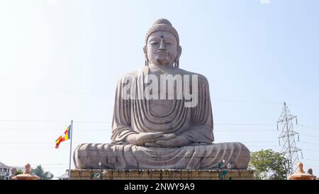 Statue of Lord Budhha in Meditation Pose, 80 feet Statue With 10 Disciples, Bodh Gaya, Bihar, India Stock Photo