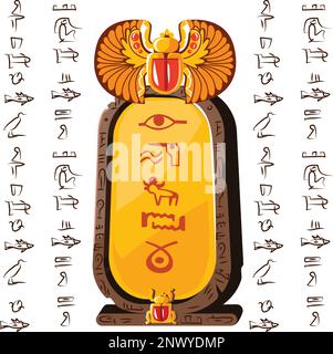 Stone board or clay tablet with scarab beetle and Egyptian hieroglyphs cartoon vector illustration Ancient object for recording storing information, graphical user interface for game design on white Stock Vector