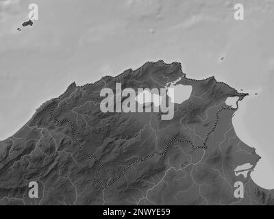 Bizerte, governorate of Tunisia. Grayscale elevation map with lakes and rivers Stock Photo