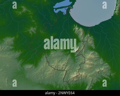 Ben Arous, governorate of Tunisia. Colored elevation map with lakes and rivers Stock Photo