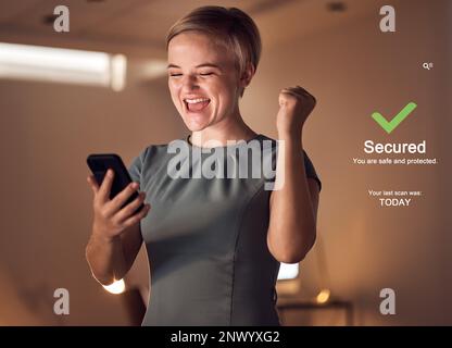 Phone, cybersecurity or success business woman in night office with data protection plan, virus free or safety software app. Smile, happy or cheering Stock Photo