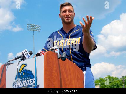 July 11, 2018 - Trenton, New Jersey, U.S - TIM TEBOW of the Binghamton Rumble  Ponies answers questions from the media before participating in the Eastern  League All-Star Game hosted by the