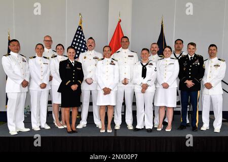 LIMA, Peru (Jan. 19, 2023) Staff of Naval Medical Research Unit (NAMRU)-6 pose during the command’s 40th anniversary celebration at the U.S. Embassy Campus. NAMRU-6 hosted several visitors and guests from the U.S. and Peru at the event, to include U.S. Ambassador to Peru Lisa Kenna, Rear Adm. Jorge Enrique Andaluz Echevarría, Surgeon General of the Peruvian Navy, Rear Adm. Guido F. Valdes, commander, Naval Medical Forces Pacific and Capt. William Denniston, commander, Naval Medical Research Center. Visitors provided remarks celebrating the history of the command and its ongoing mission. NAMRU- Stock Photo