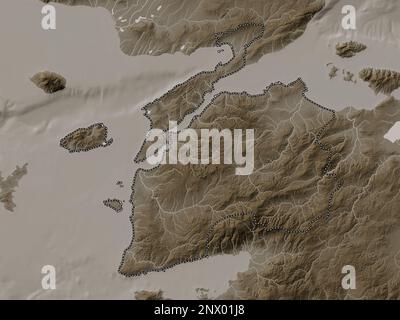 Canakkale, province of Turkiye. Elevation map colored in sepia tones with lakes and rivers Stock Photo