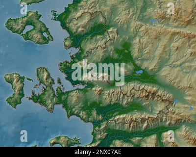 Izmir, province of Turkiye. Colored elevation map with lakes and rivers Stock Photo