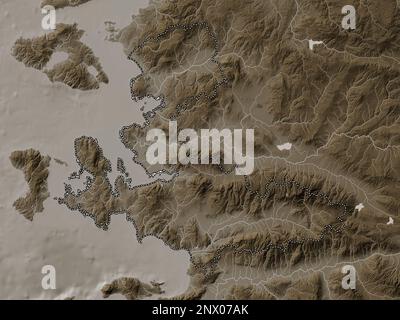 Izmir, province of Turkiye. Elevation map colored in sepia tones with lakes and rivers Stock Photo