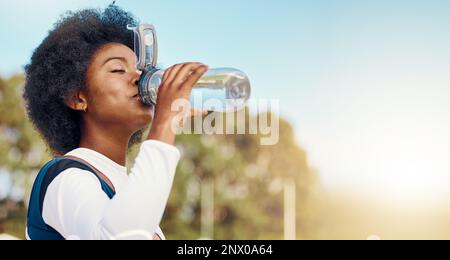 Water, bottle, black woman portrait and of a athlete in a gym after workout  and sport. Hydration, d Stock Photo by YuriArcursPeopleimages